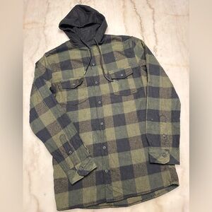 BURNSIDE • Olive and Charcoal Plaid Hooded Longsleeve Shirt - Youth XXL (18)